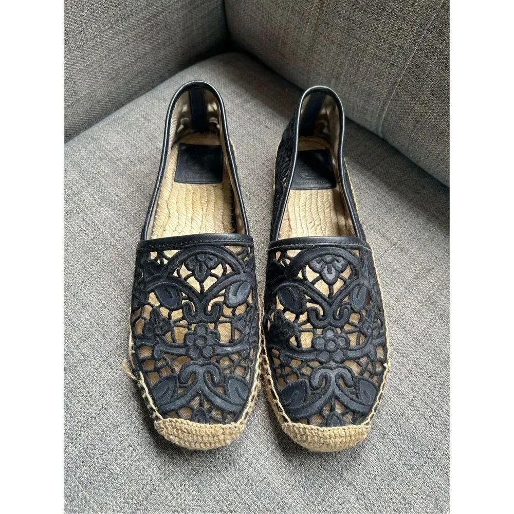 Tory Burch Black Cotton Lace and Leather Jackie Espadrilles